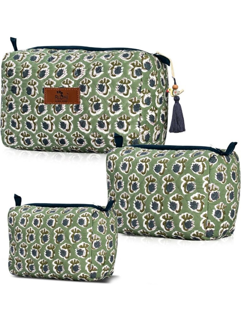 Set of 3 Hand Block Print Toiletry Bags - 100% Cotton, Basil Green Design